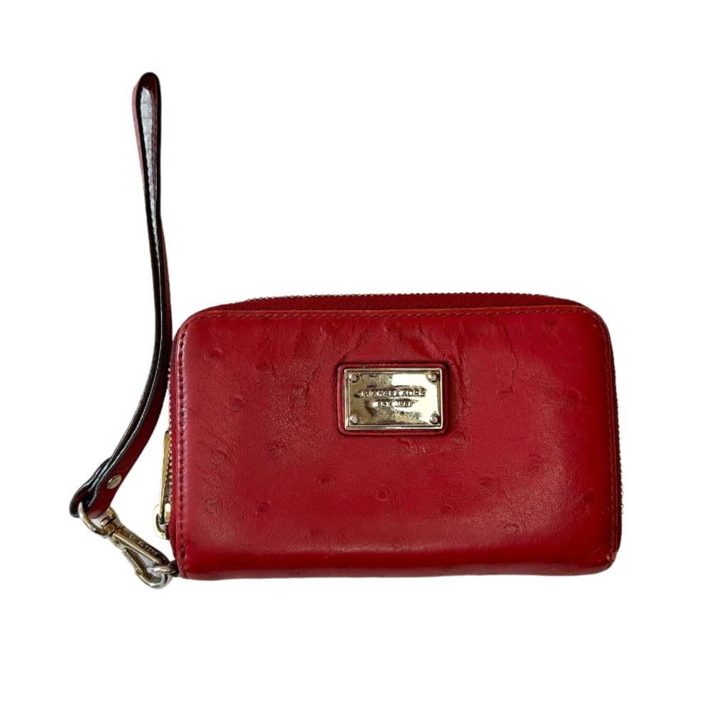 Michael Kors Red Ostrich Print Leather Wristlet Wallet